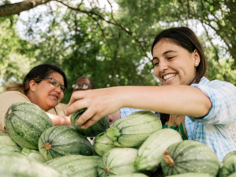 Two Urban Roots youth smile as they sort green squash together.